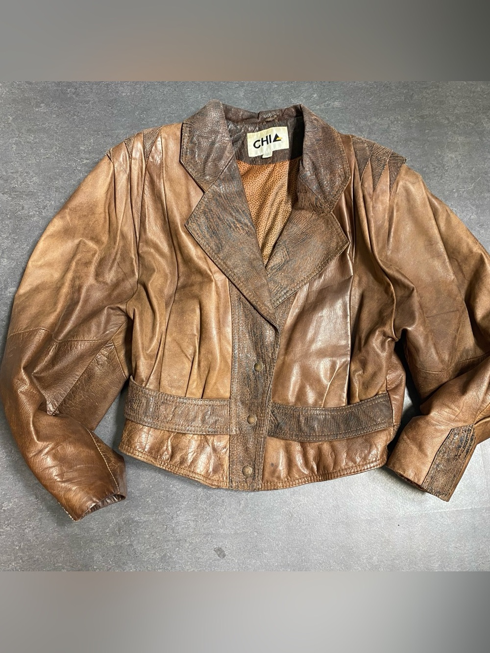 Vintage 80’s 90’s biker Western Boho Chia Leather Jacket Women's Size S Brown